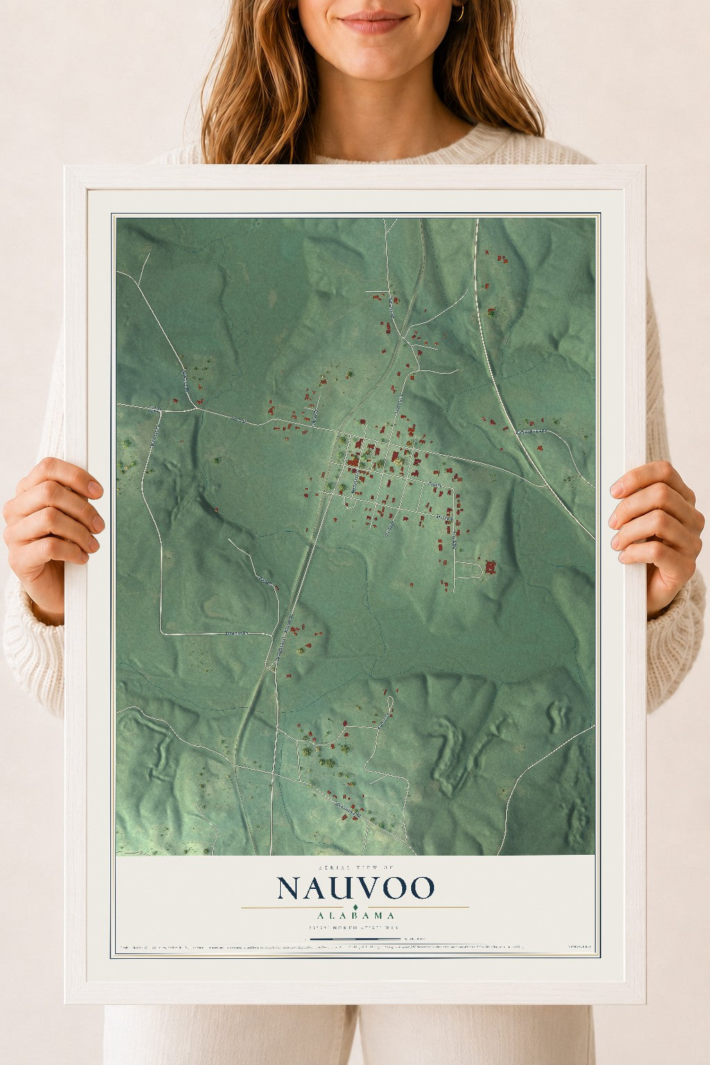 Map of Nauvoo, Alabama, 18 x 24 inch print in a white wood frame