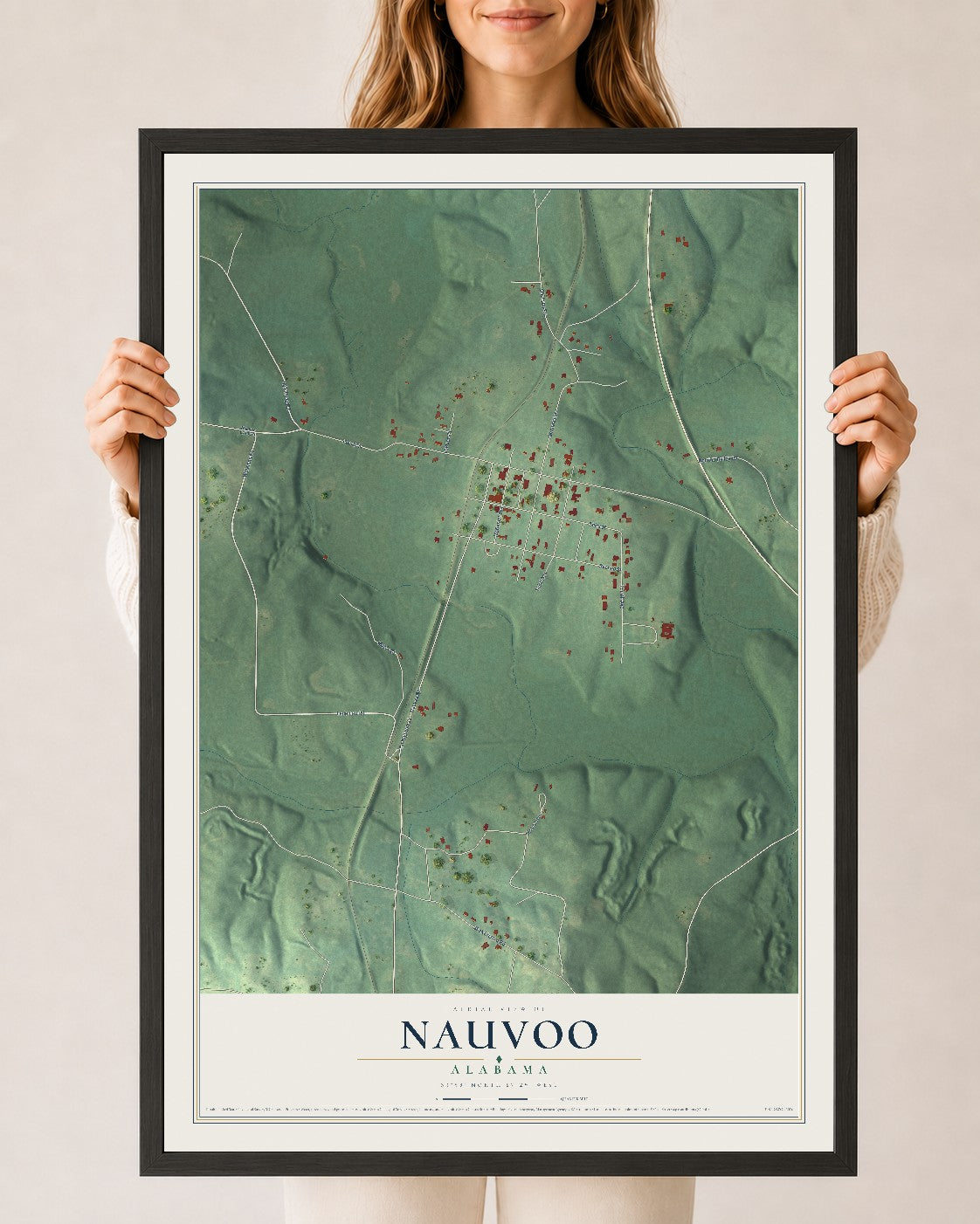 Map of Nauvoo, Alabama, 24 x 36 inch print in a black wood frame