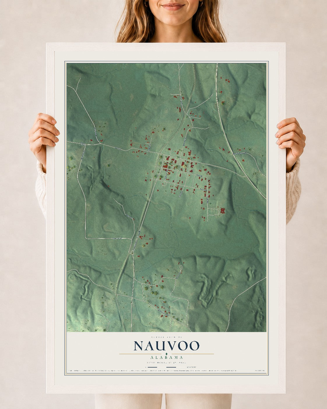Map of Nauvoo, Alabama, 24 x 36 inch print in a white wood frame