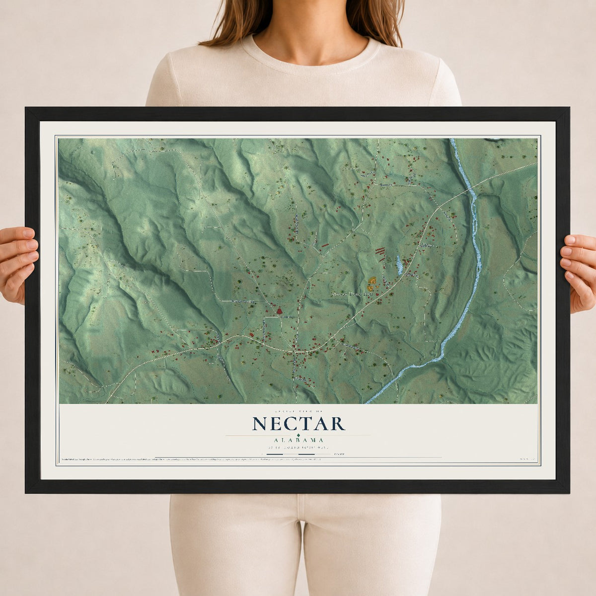 Map of Nectar, Alabama, 18 x 24 inch print in a black wood frame