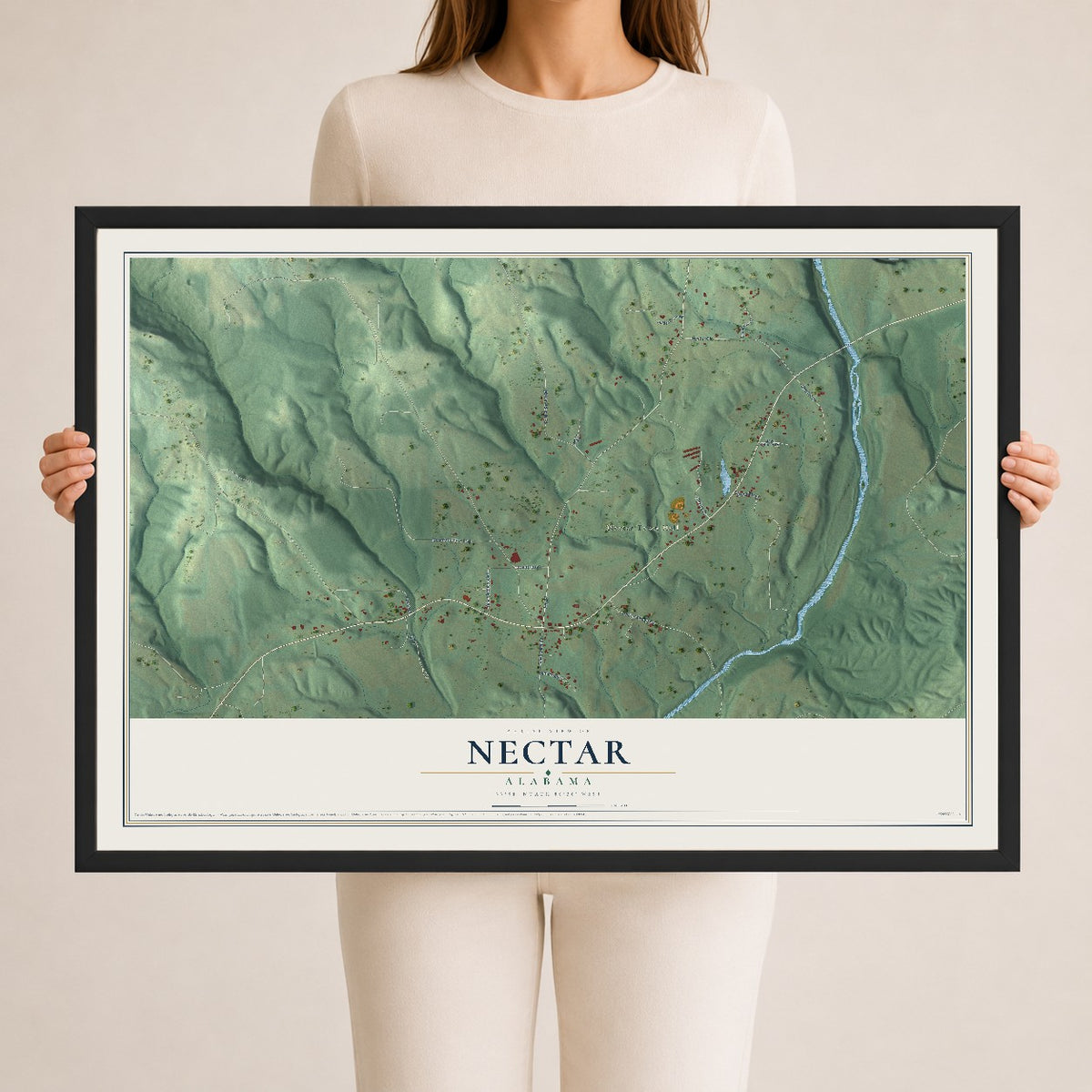 Map of Nectar, Alabama, 24 x 36 inch print in a black wood frame