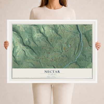 Map of Nectar, Alabama, 24 x 36 inch print in a white wood frame