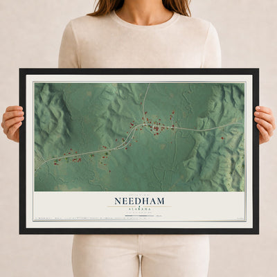 Map of Needham, Alabama, 12 x 18 inch print in a black wood frame