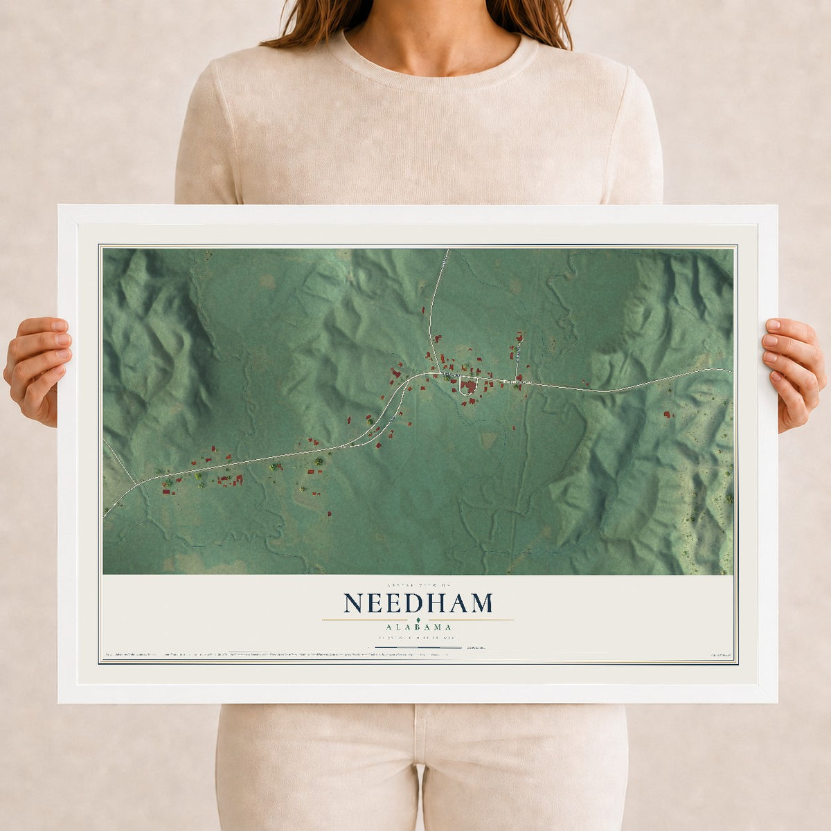 Map of Needham, Alabama, 12 x 18 inch print in a white wood frame