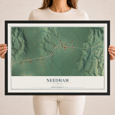 Map of Needham, Alabama, 18 x 24 inch print in a black wood frame