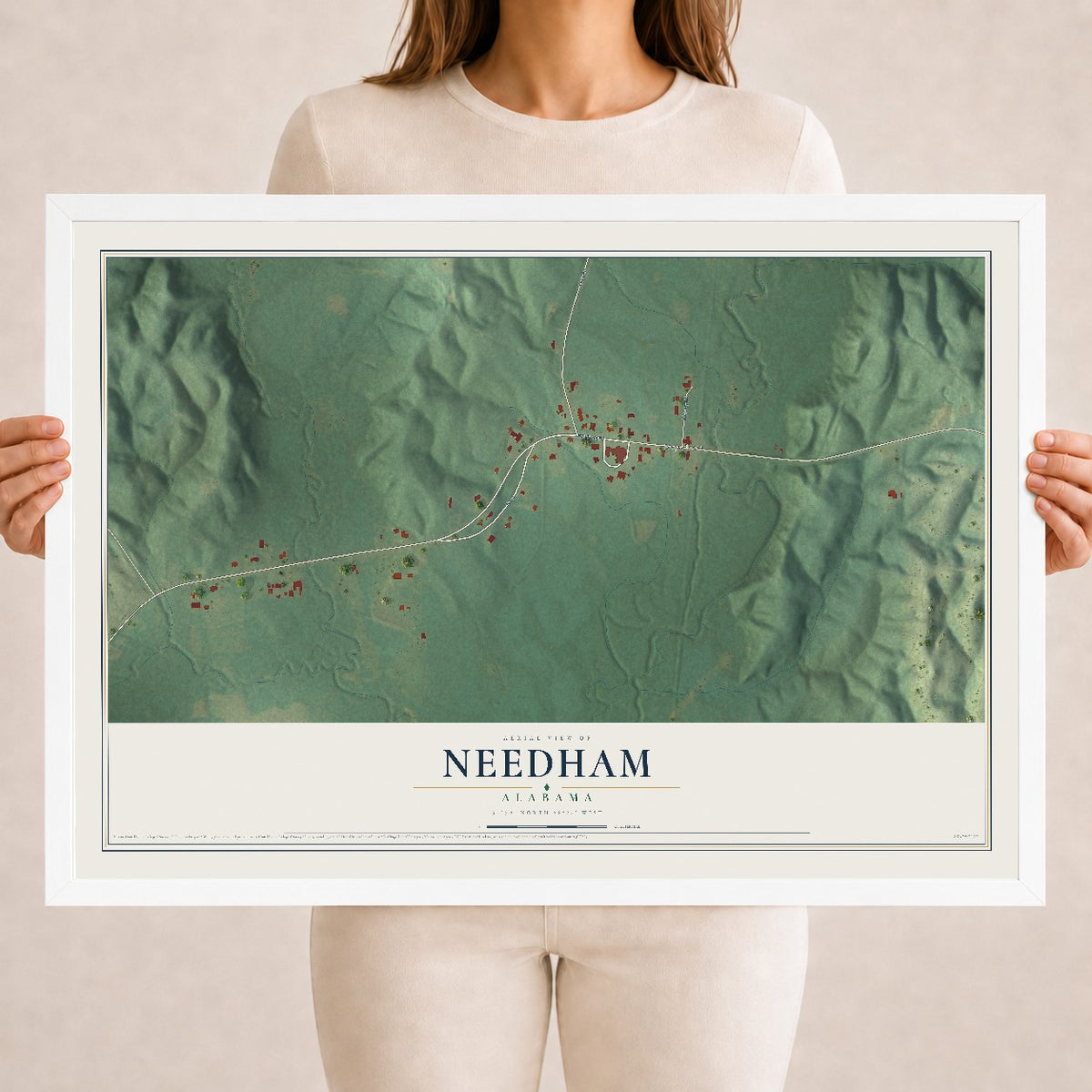 Map of Needham, Alabama, 18 x 24 inch print in a white wood frame