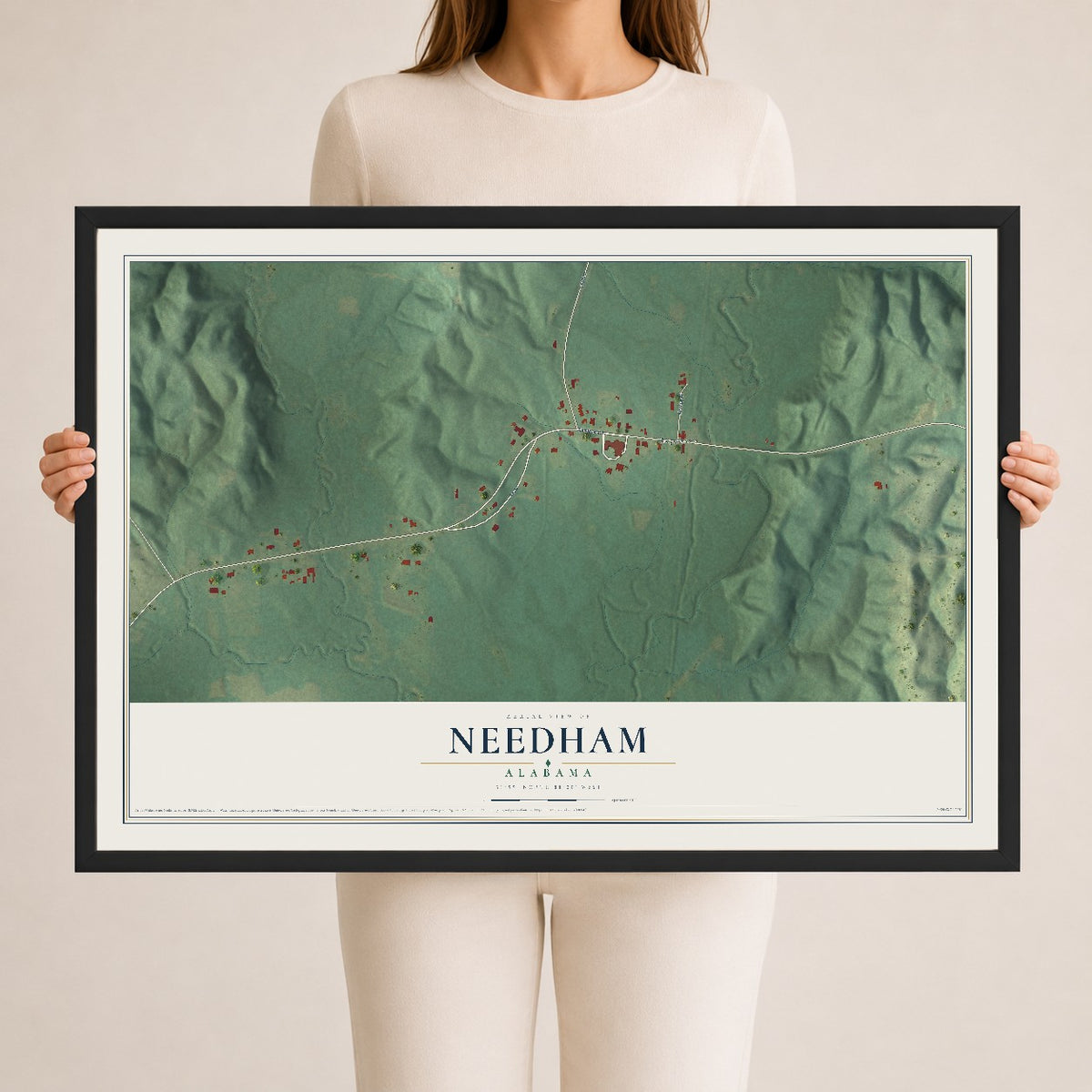 Map of Needham, Alabama, 24 x 36 inch print in a black wood frame
