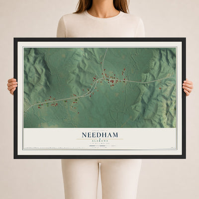 Map of Needham, Alabama, 24 x 36 inch print in a black wood frame