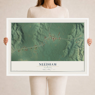 Map of Needham, Alabama, 24 x 36 inch print in a white wood frame