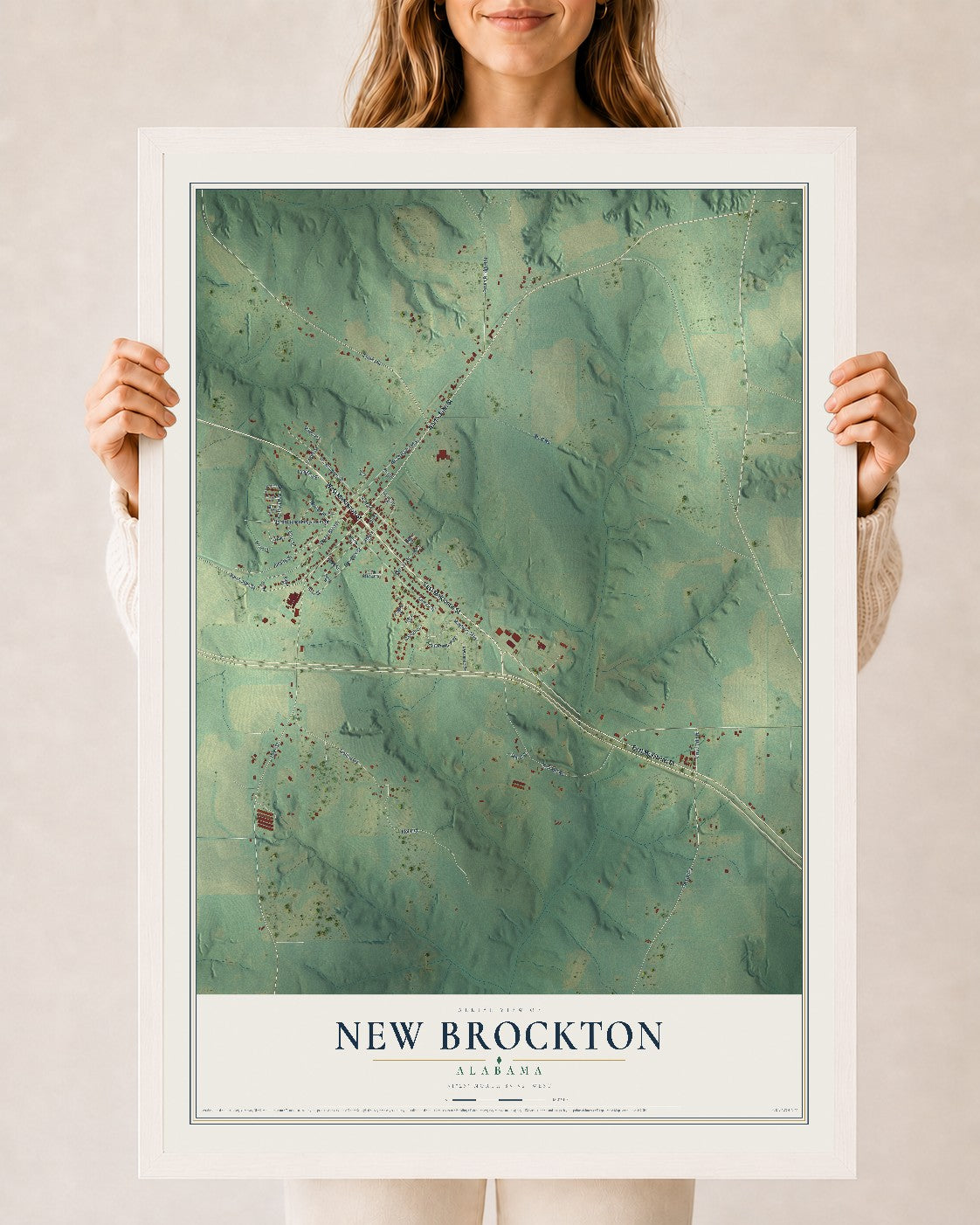 Map of New Brockton, Alabama, 24 x 36 inch print in a white wood frame