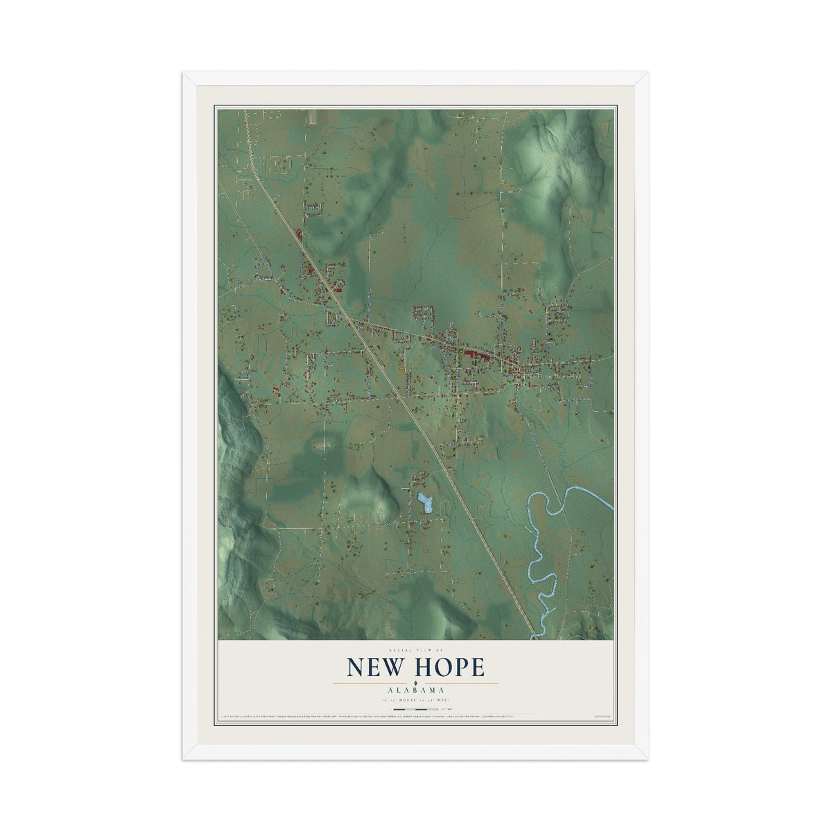 Map of New Hope, Alabama, 12 x 18 inch print in a white wood frame