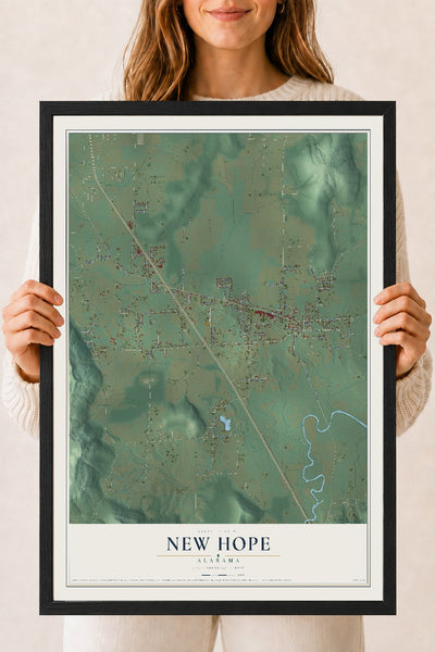 Map of New Hope, Alabama, 18 x 24 inch print in a black wood frame