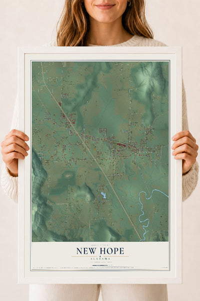 Map of New Hope, Alabama, 18 x 24 inch print in a white wood frame