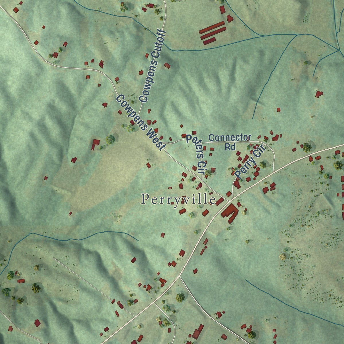 Close-up of the map of New Site, Alabama print showing street and building detail