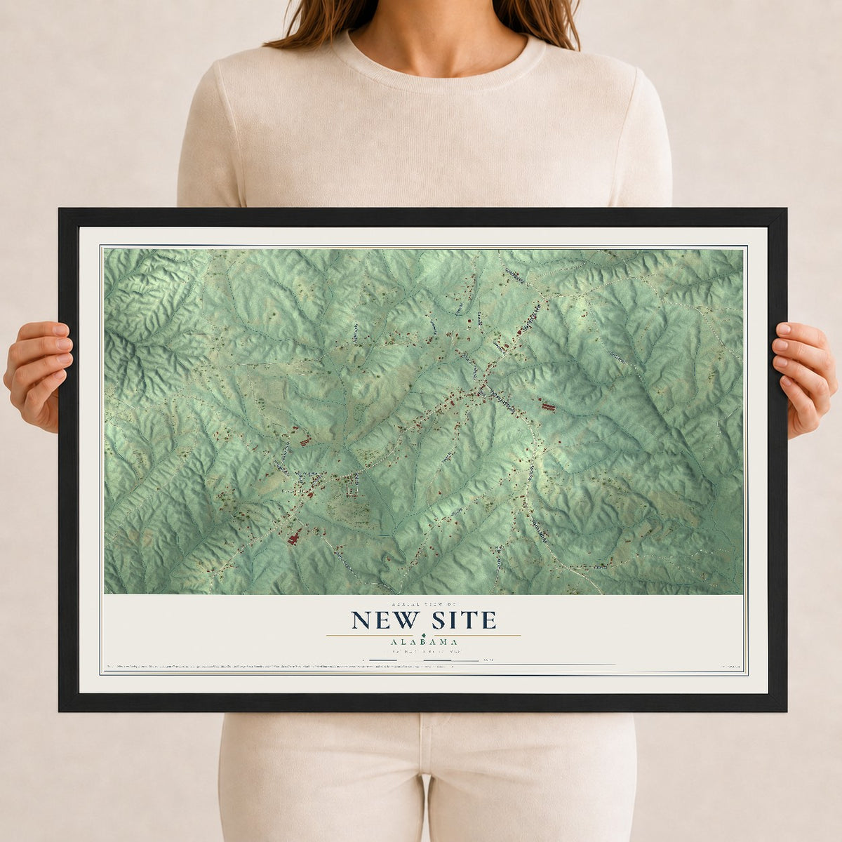 Map of New Site, Alabama, 12 x 18 inch print in a black wood frame