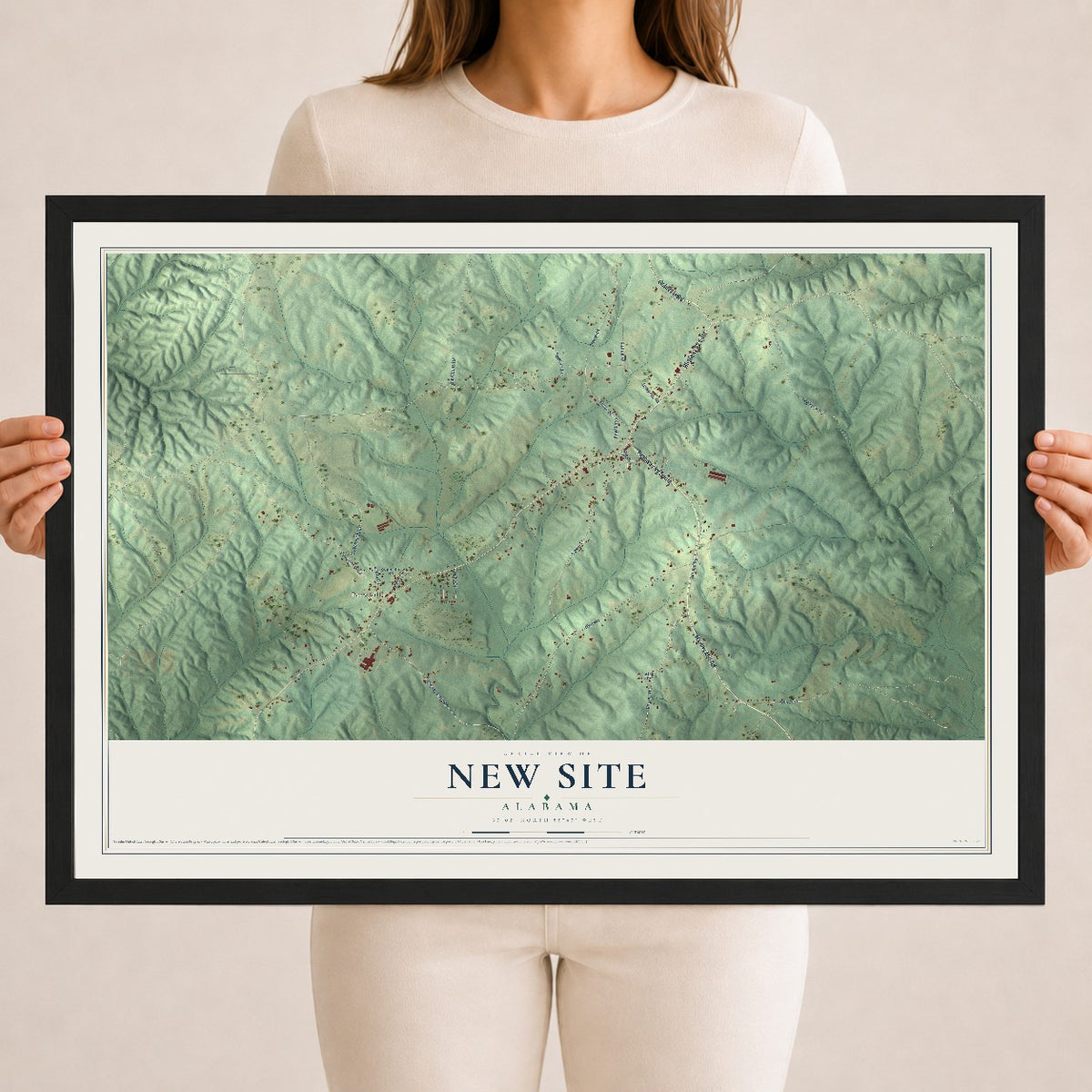 Map of New Site, Alabama, 18 x 24 inch print in a black wood frame