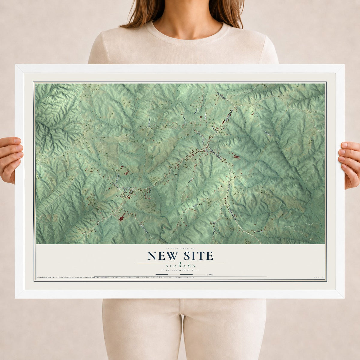 Map of New Site, Alabama, 18 x 24 inch print in a white wood frame