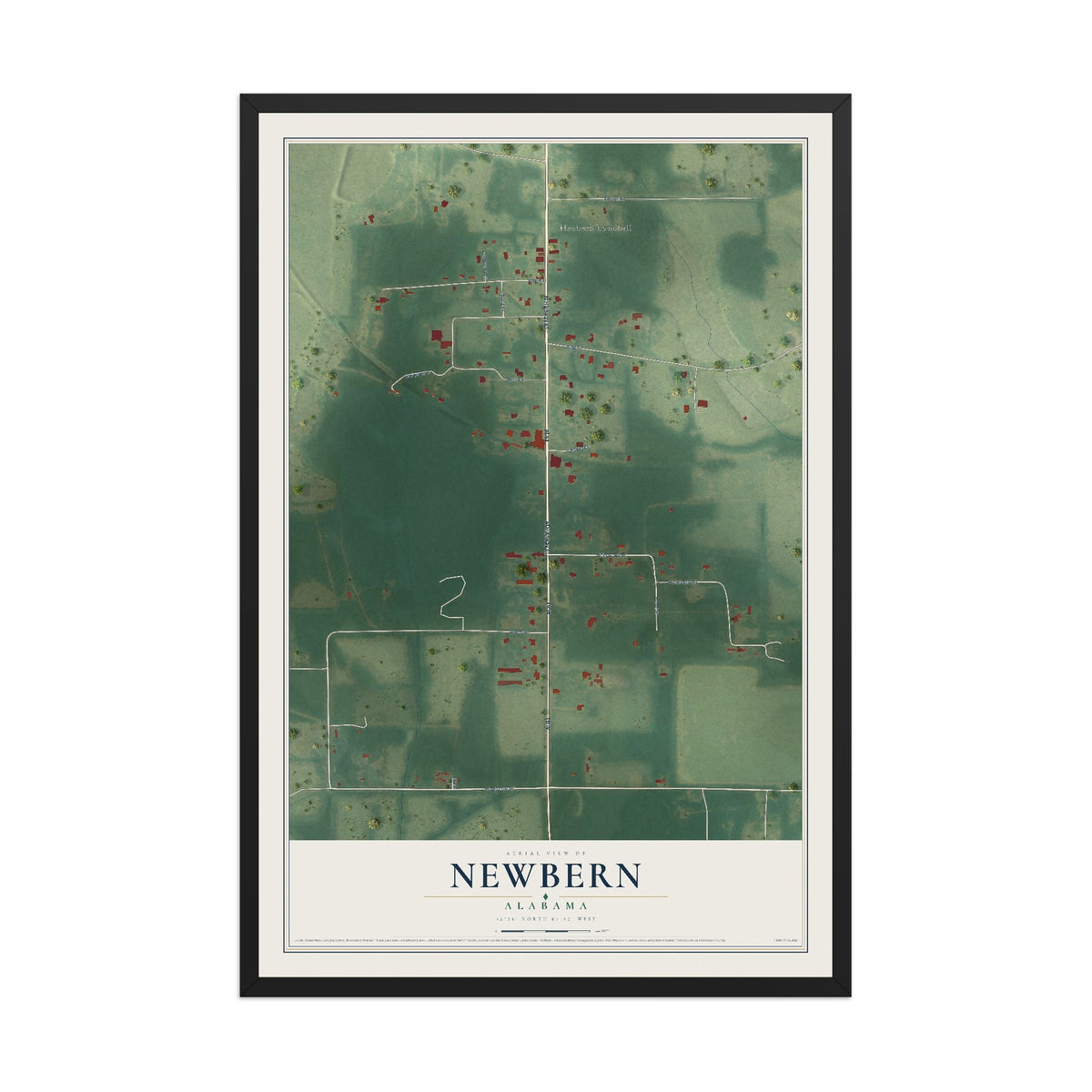 Map of Newbern, Alabama, 12 x 18 inch print in a black wood frame