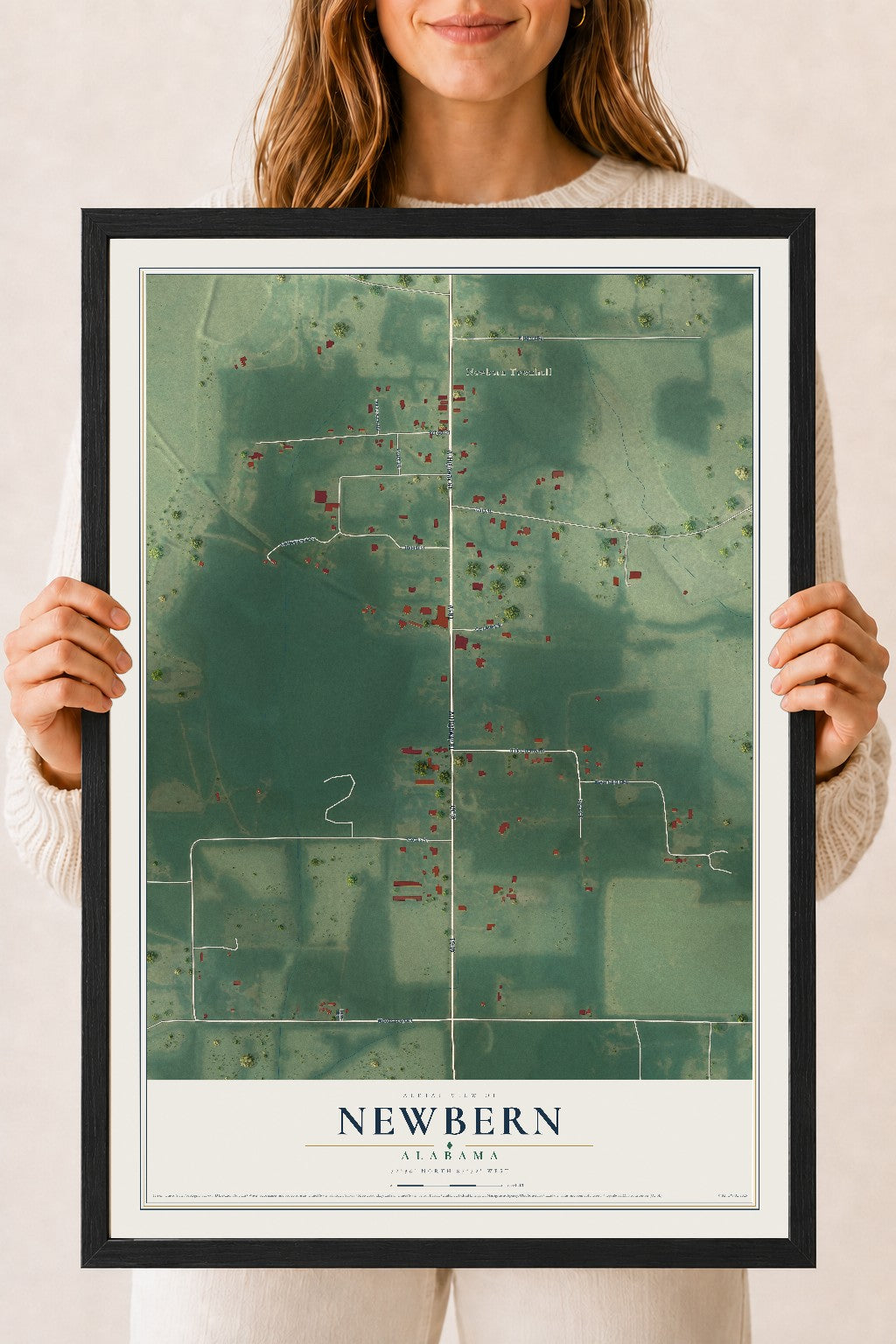 Map of Newbern, Alabama, 18 x 24 inch print in a black wood frame
