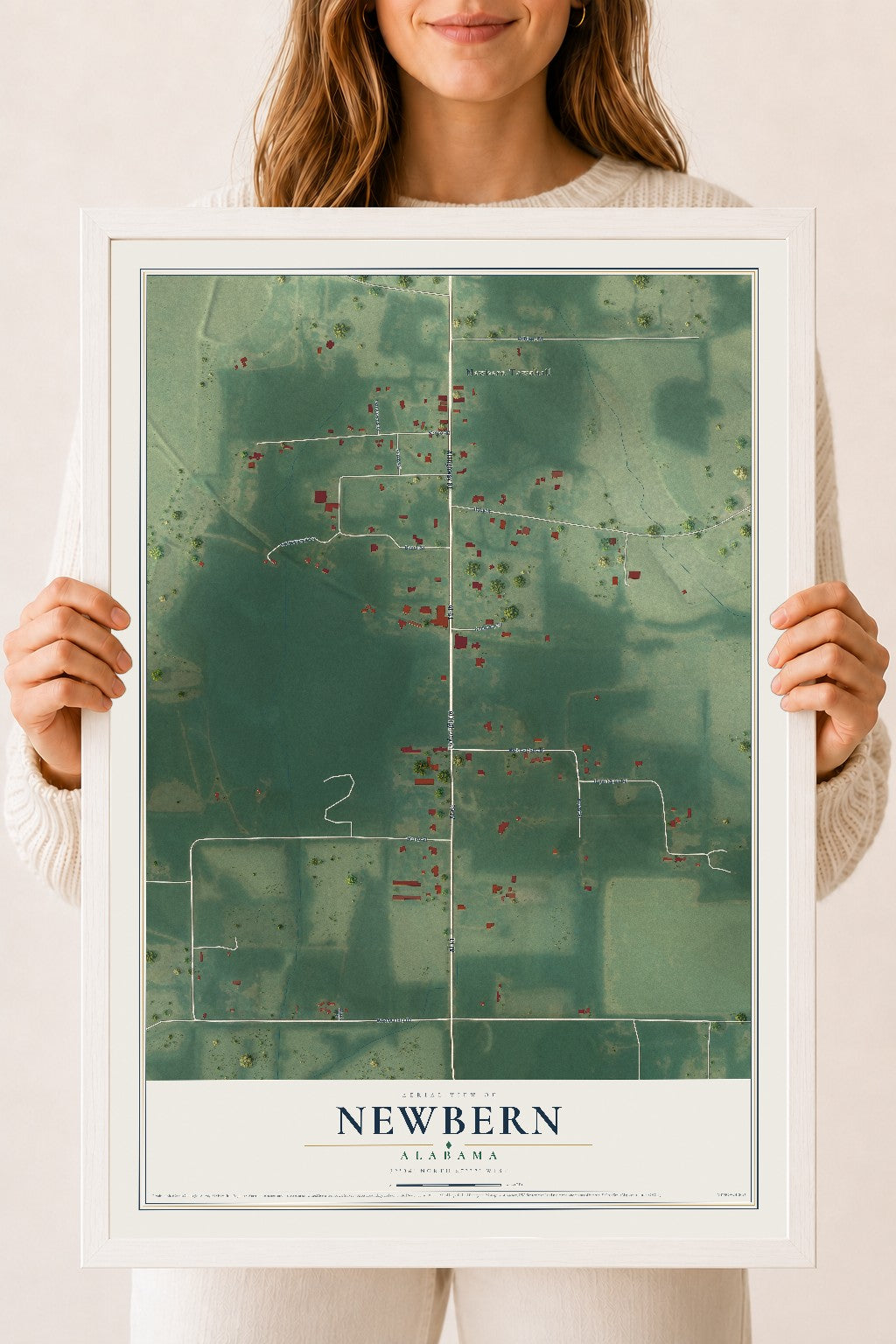 Map of Newbern, Alabama, 18 x 24 inch print in a white wood frame