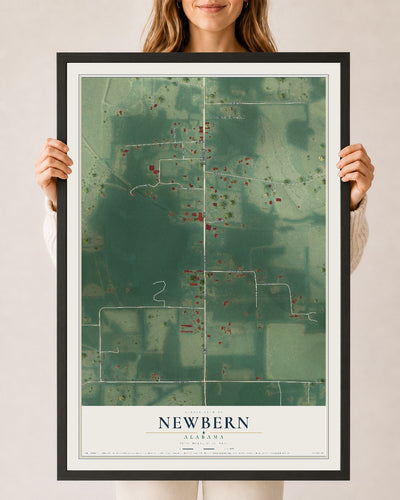Map of Newbern, Alabama, 24 x 36 inch print in a black wood frame