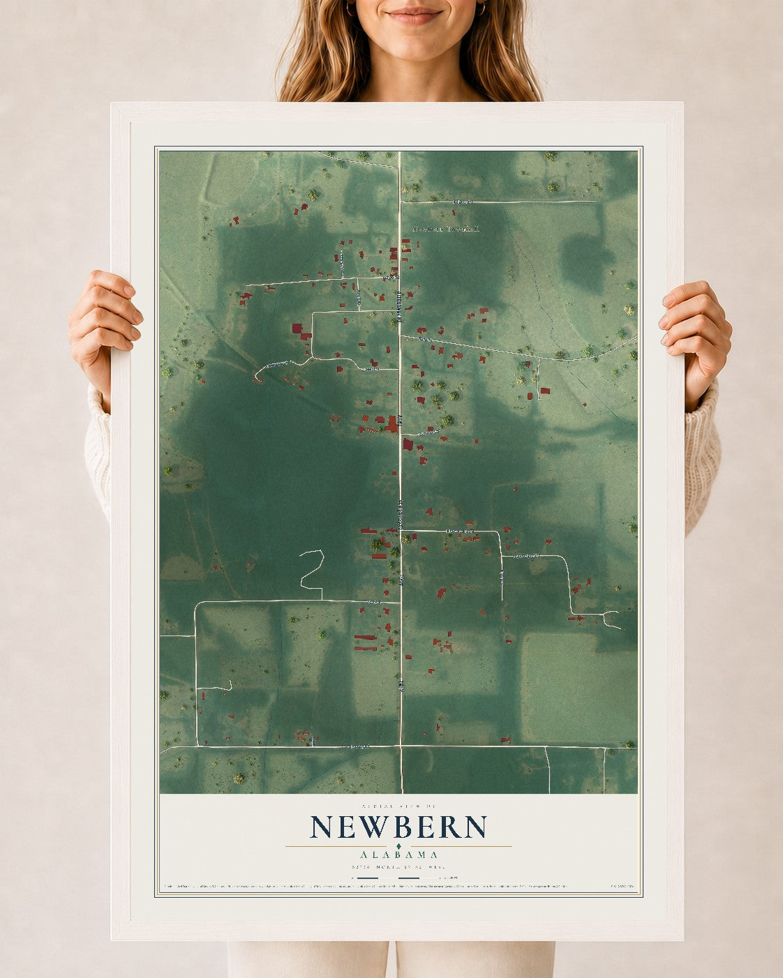 Map of Newbern, Alabama, 24 x 36 inch print in a white wood frame