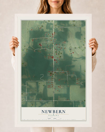 Map of Newbern, Alabama, 24 x 36 inch print in a white wood frame