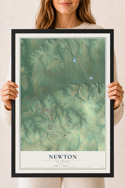 Map of Newton, Alabama, 18 x 24 inch print in a black wood frame
