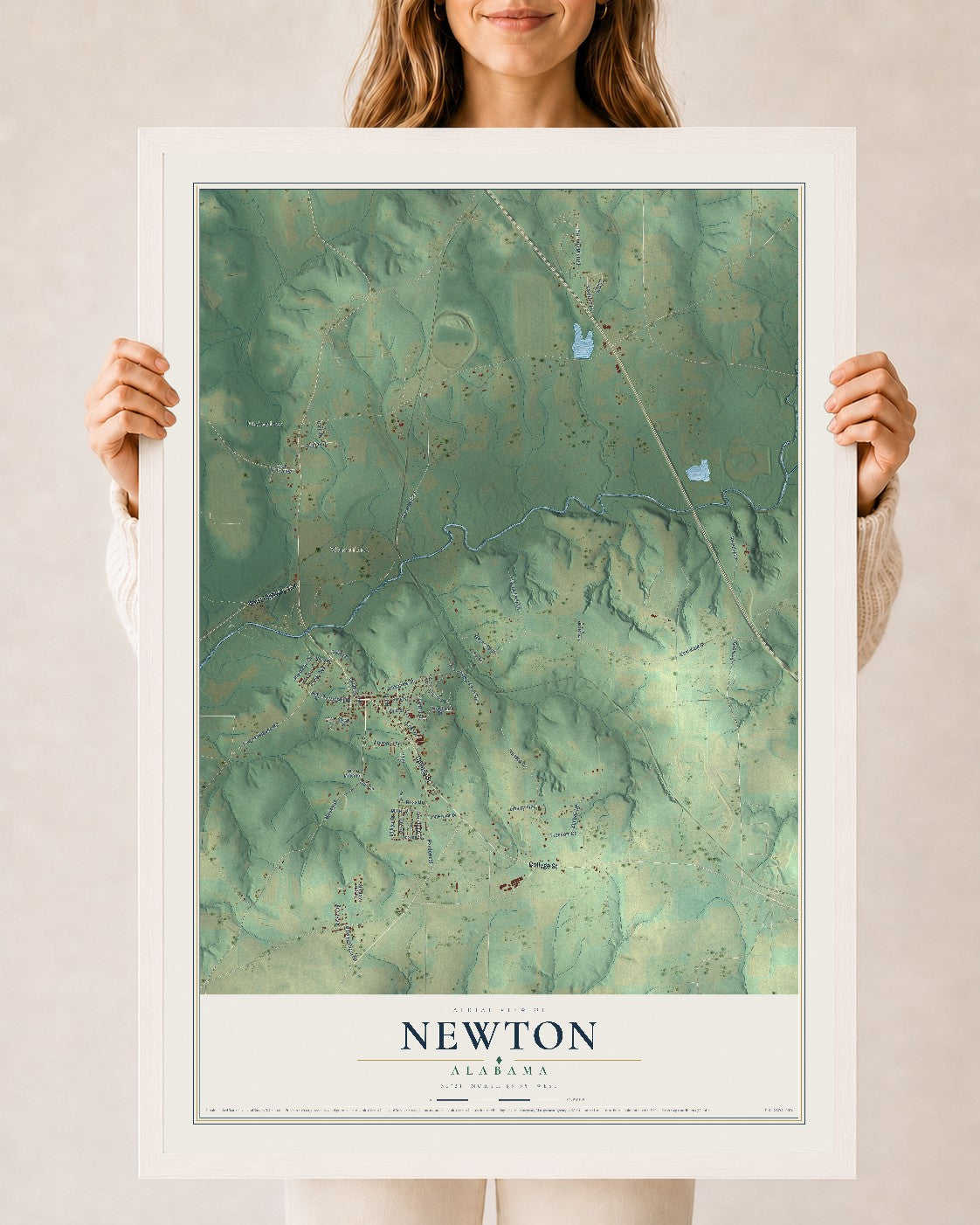 Map of Newton, Alabama, 24 x 36 inch print in a white wood frame