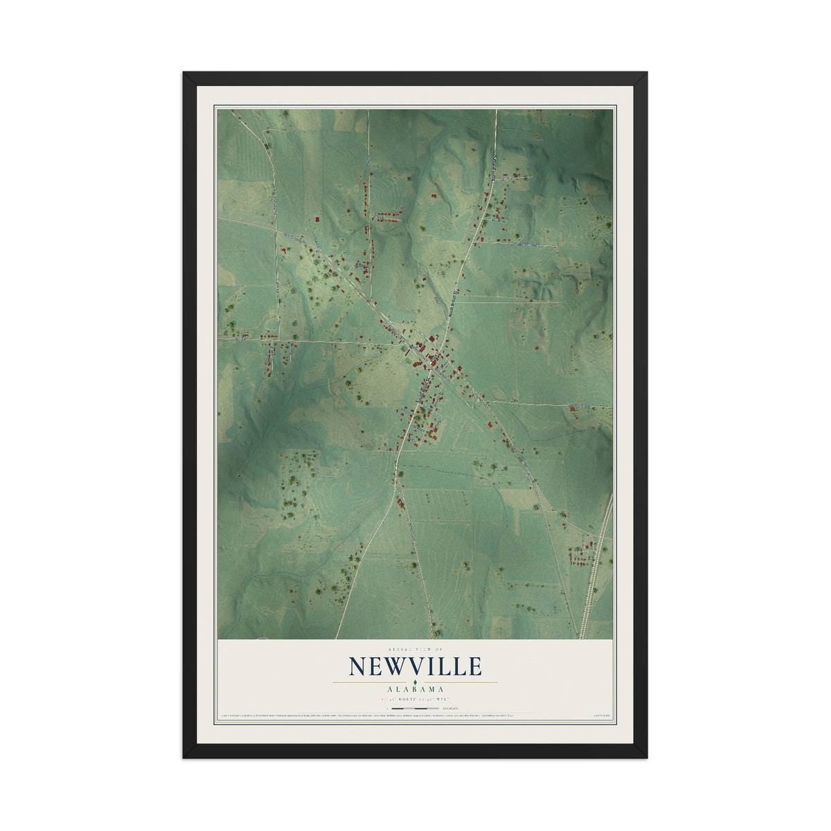 Map of Newville, Alabama, 12 x 18 inch print in a black wood frame