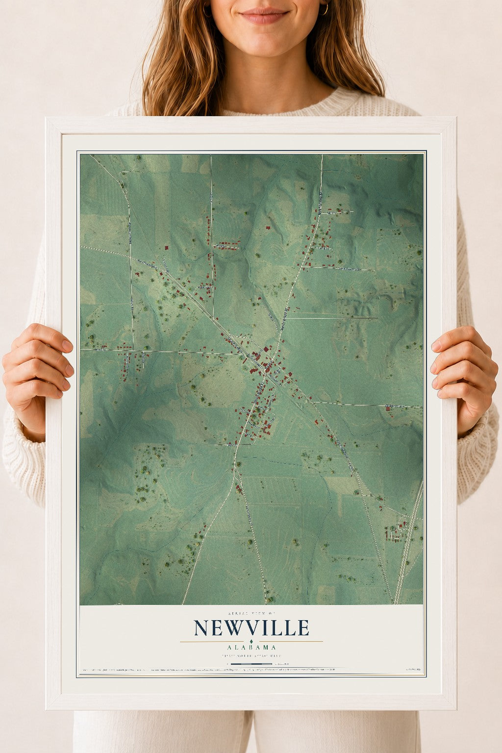 Map of Newville, Alabama, 18 x 24 inch print in a white wood frame