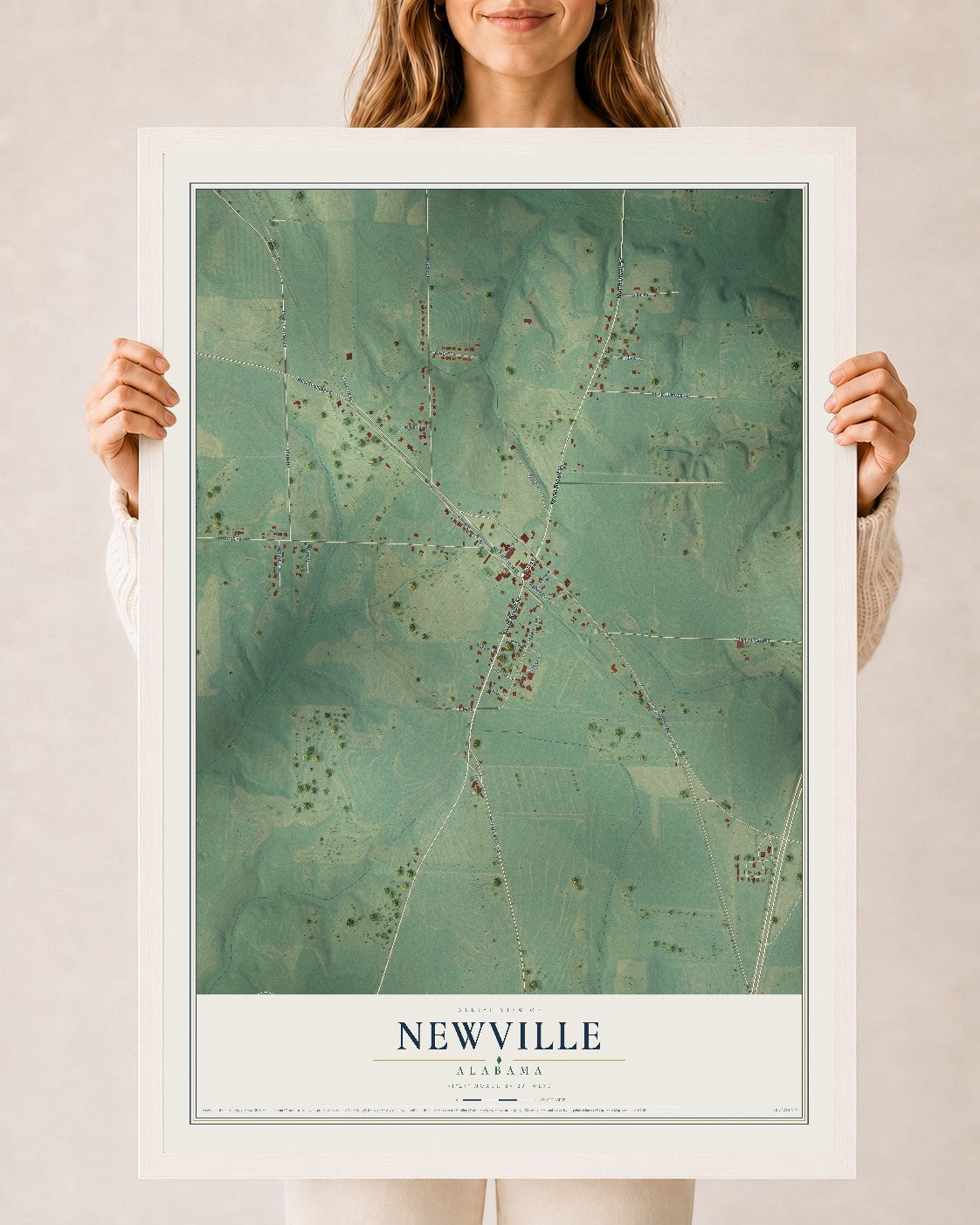 Map of Newville, Alabama, 24 x 36 inch print in a white wood frame