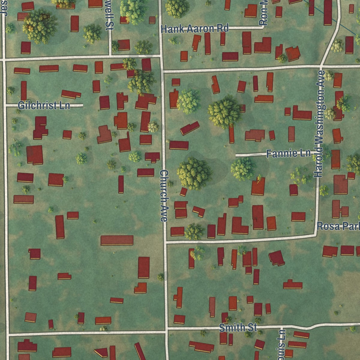 Close-up of the map of North Courtland, Alabama print showing street and building detail