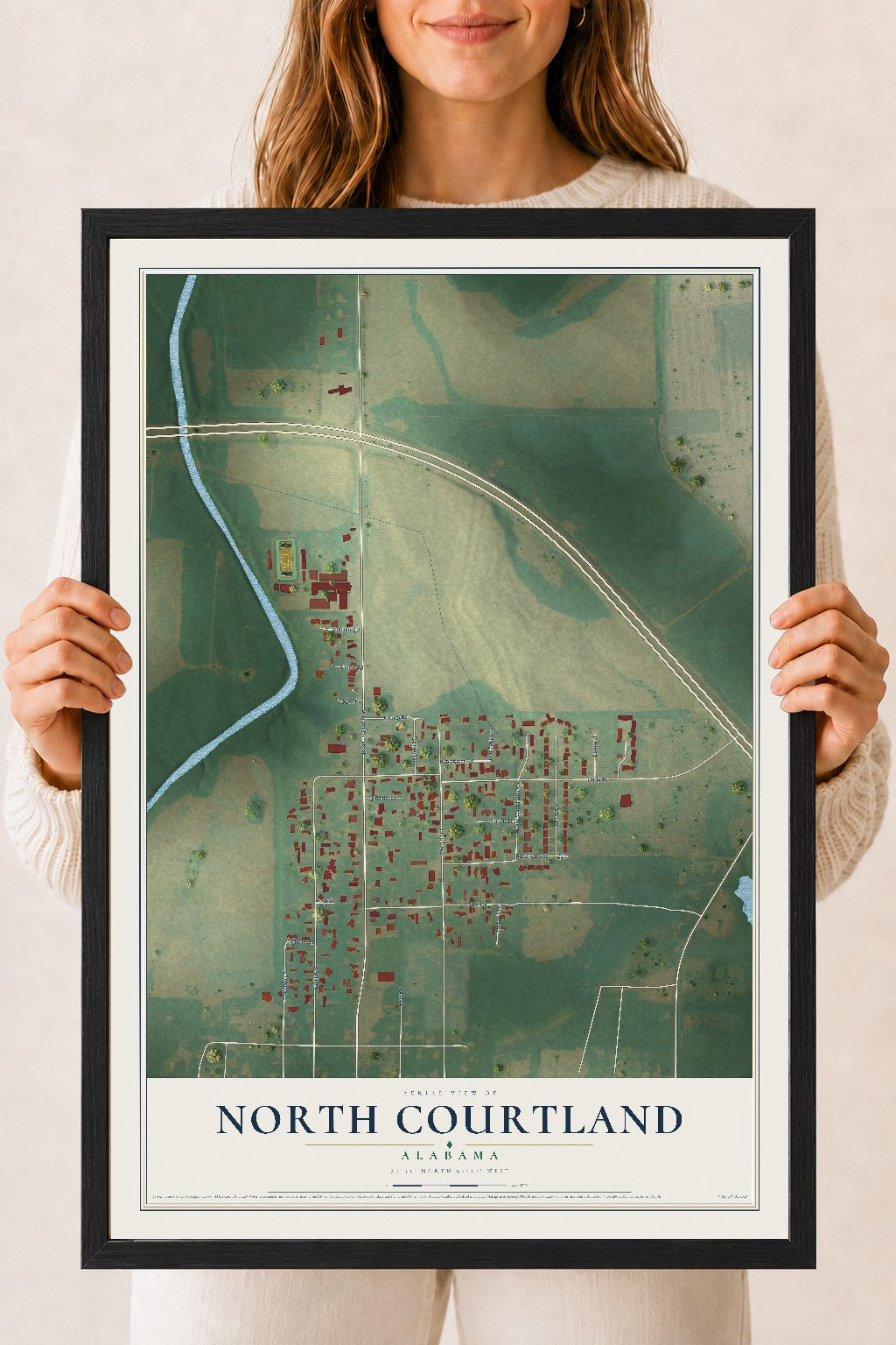 Map of North Courtland, Alabama, 18 x 24 inch print in a black wood frame