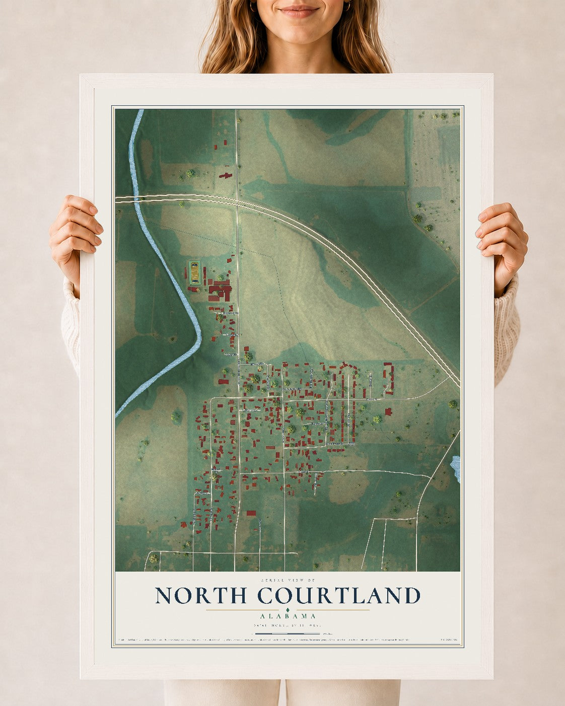 Map of North Courtland, Alabama, 24 x 36 inch print in a white wood frame