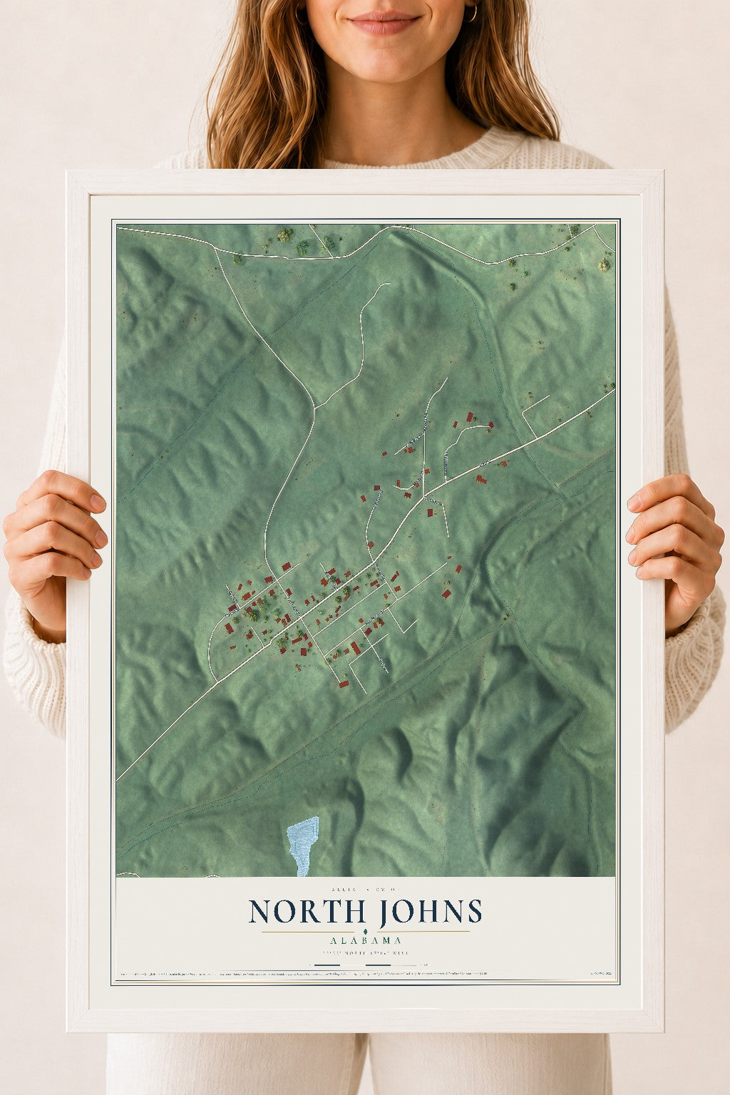 Map of North Johns, Alabama, 18 x 24 inch print in a white wood frame