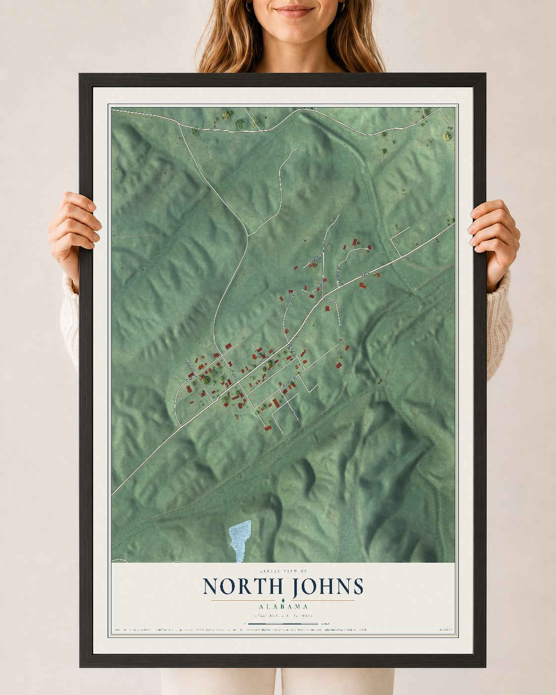 Map of North Johns, Alabama, 24 x 36 inch print in a black wood frame