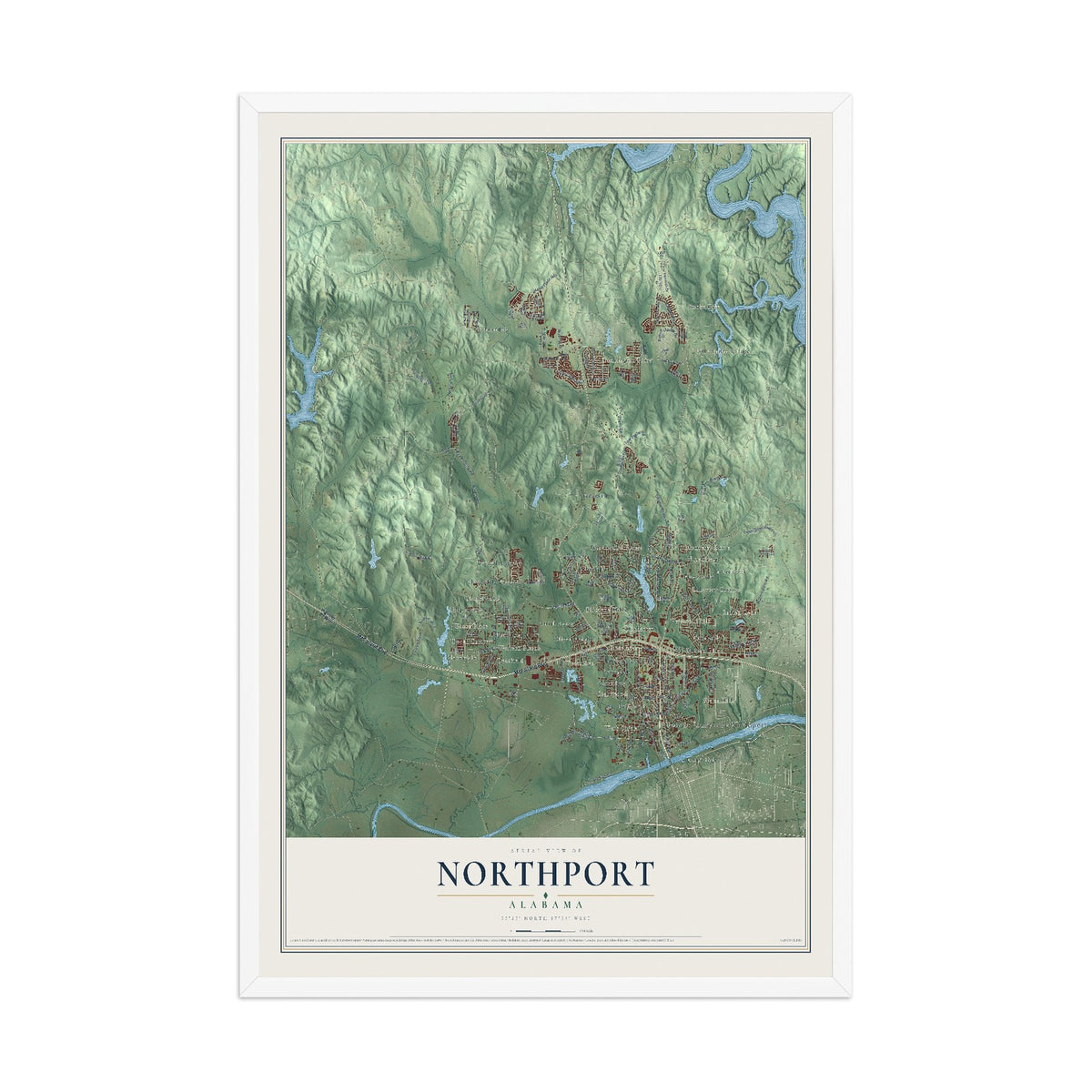 Map of Northport, Alabama, 12 x 18 inch print in a white wood frame