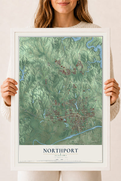 Map of Northport, Alabama, 18 x 24 inch print in a white wood frame
