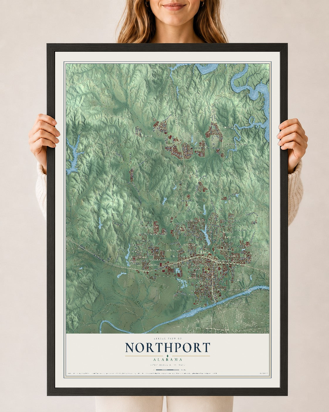 Map of Northport, Alabama, 24 x 36 inch print in a black wood frame