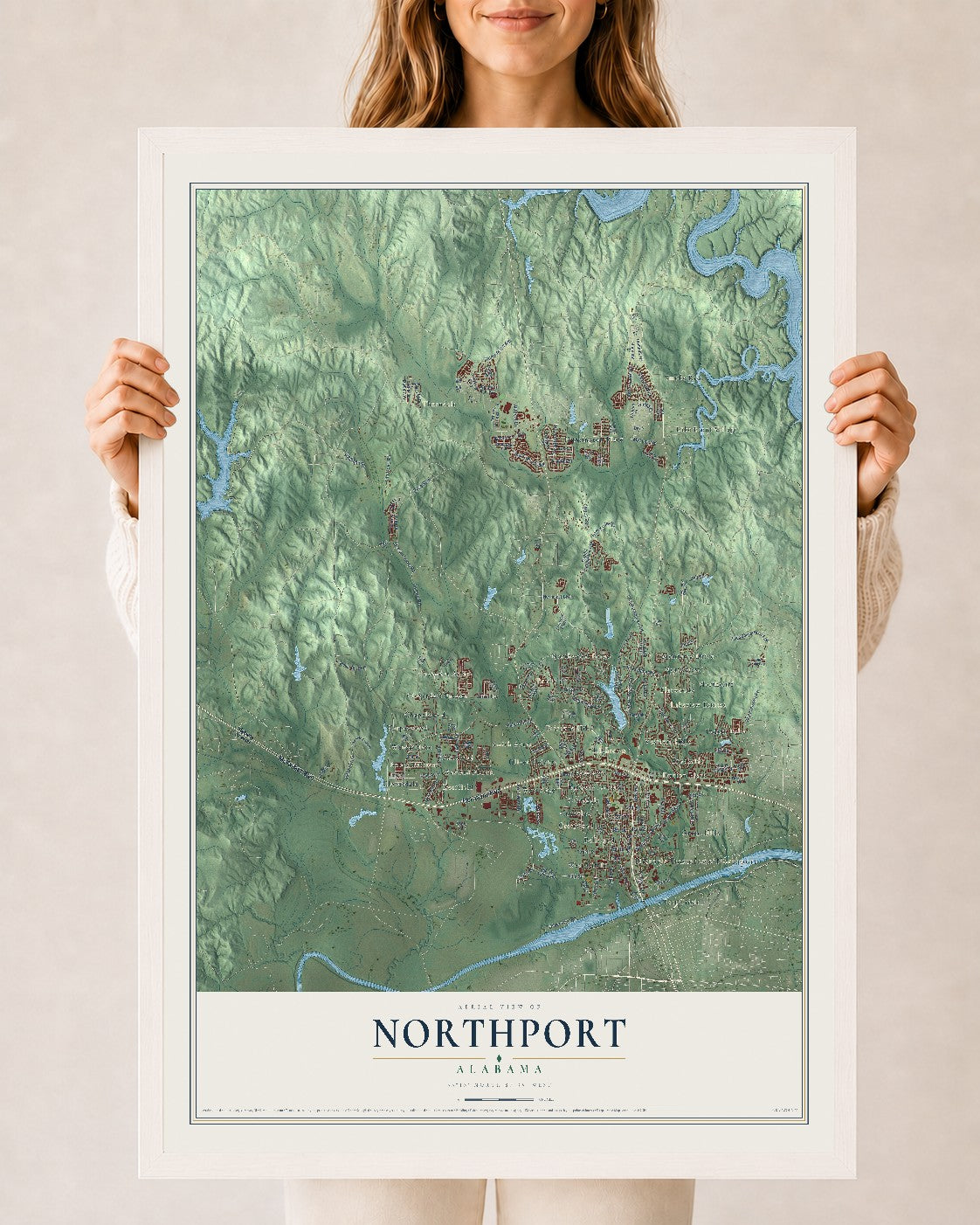 Map of Northport, Alabama, 24 x 36 inch print in a white wood frame