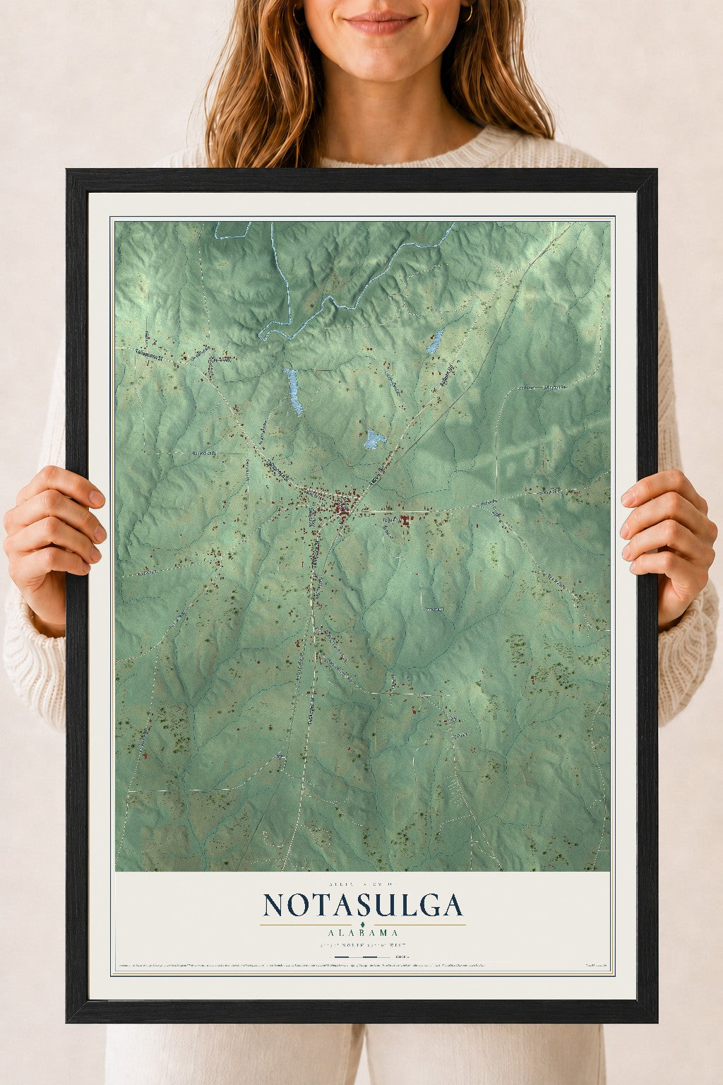 Map of Notasulga, Alabama, 18 x 24 inch print in a black wood frame
