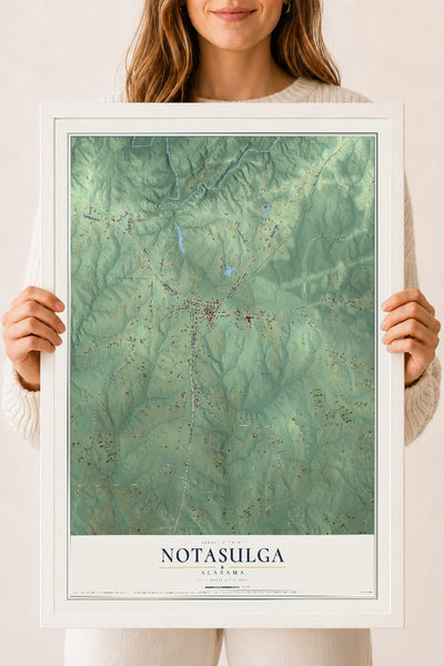 Map of Notasulga, Alabama, 18 x 24 inch print in a white wood frame
