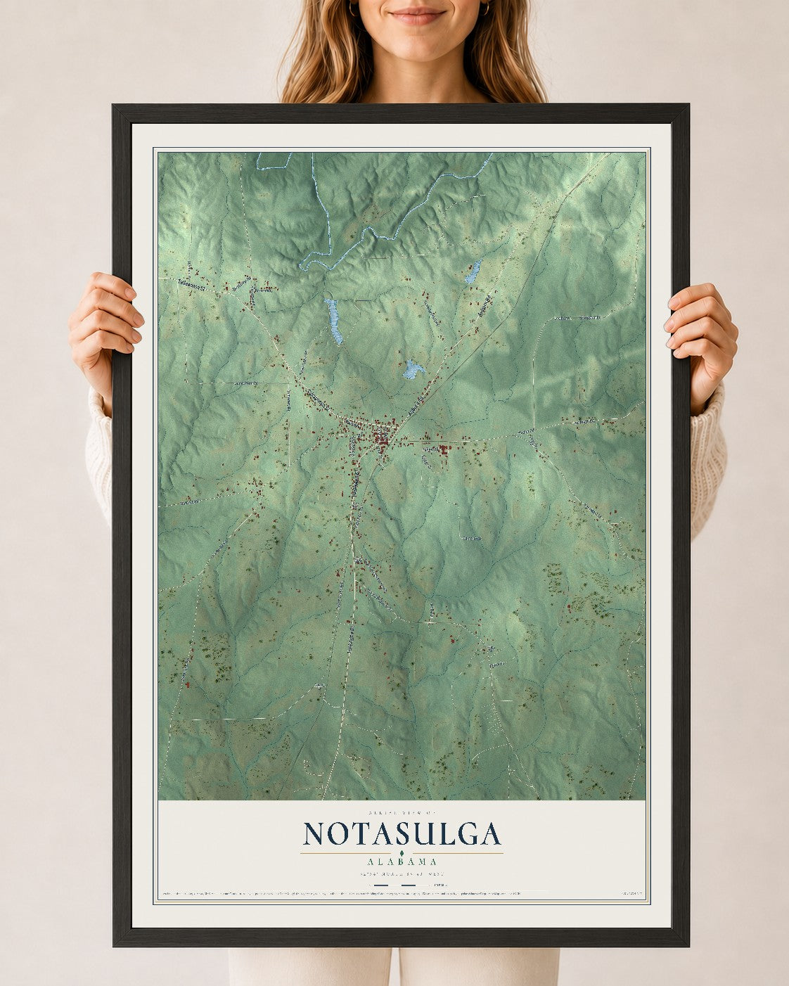 Map of Notasulga, Alabama, 24 x 36 inch print in a black wood frame