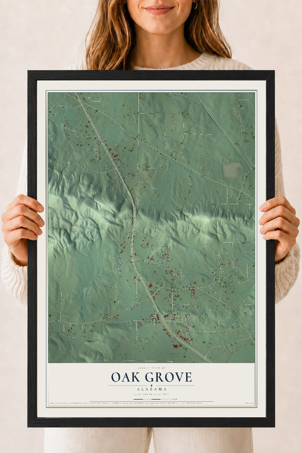 Map of Oak Grove, Alabama, 18 x 24 inch print in a black wood frame