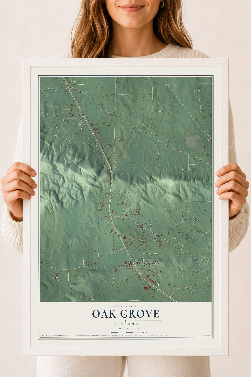 Map of Oak Grove, Alabama, 18 x 24 inch print in a white wood frame