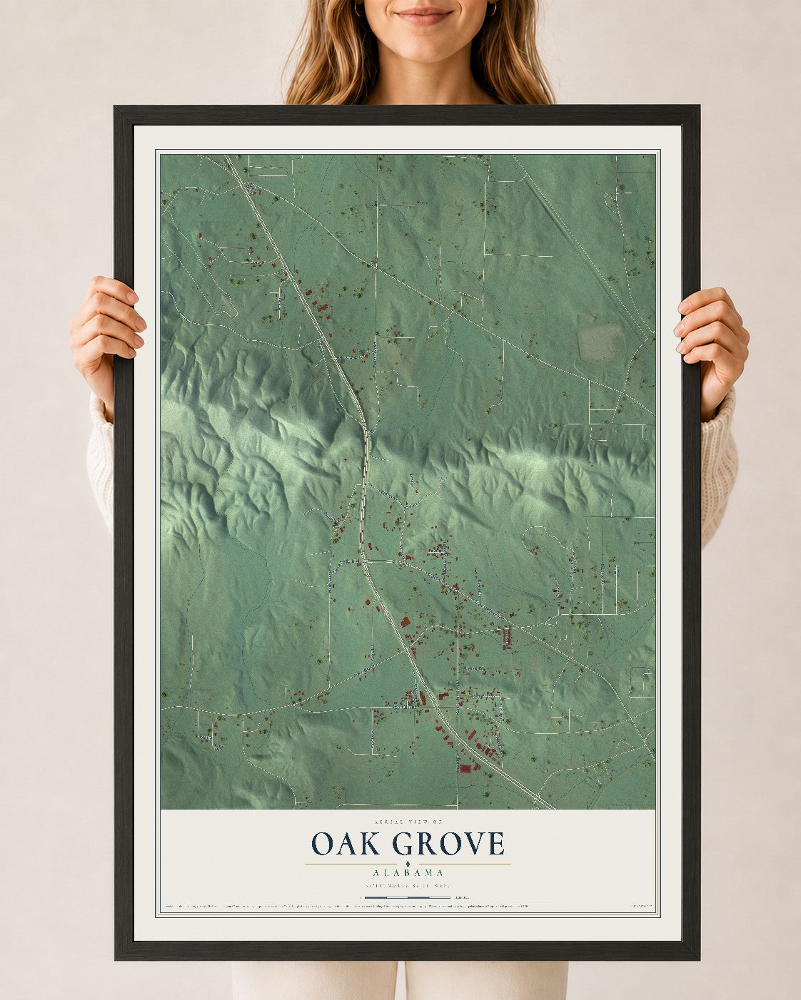Map of Oak Grove, Alabama, 24 x 36 inch print in a black wood frame