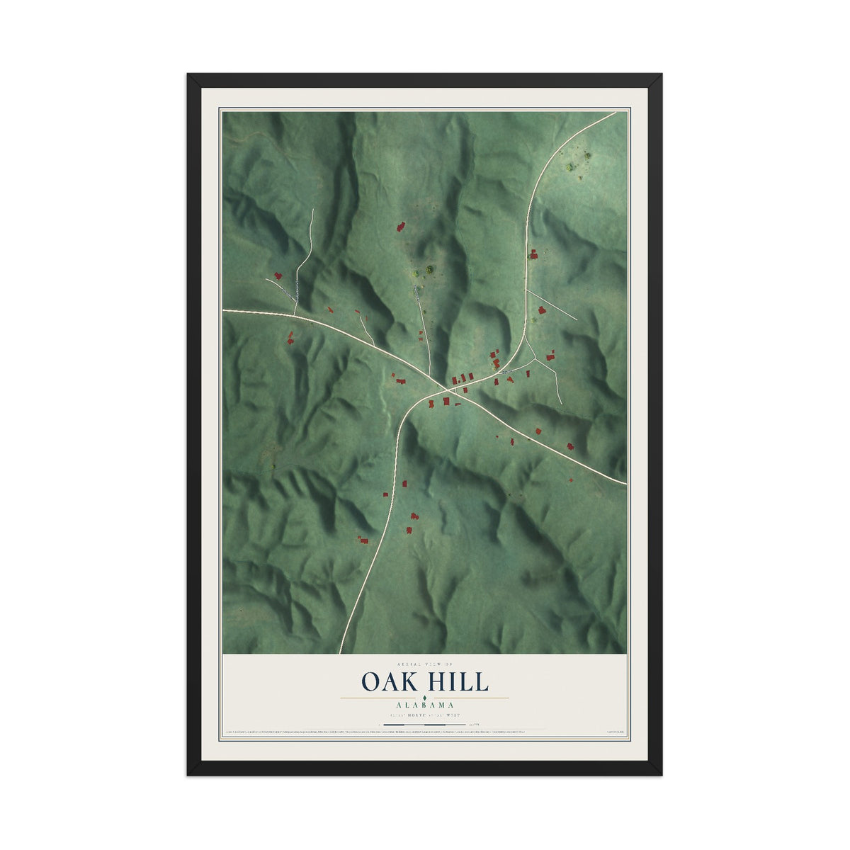 Map of Oak Hill, Alabama, 12 x 18 inch print in a black wood frame