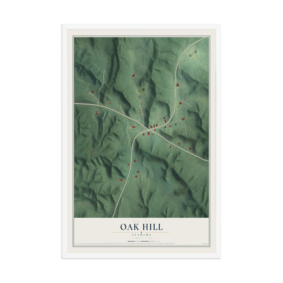 Map of Oak Hill, Alabama, 12 x 18 inch print in a white wood frame