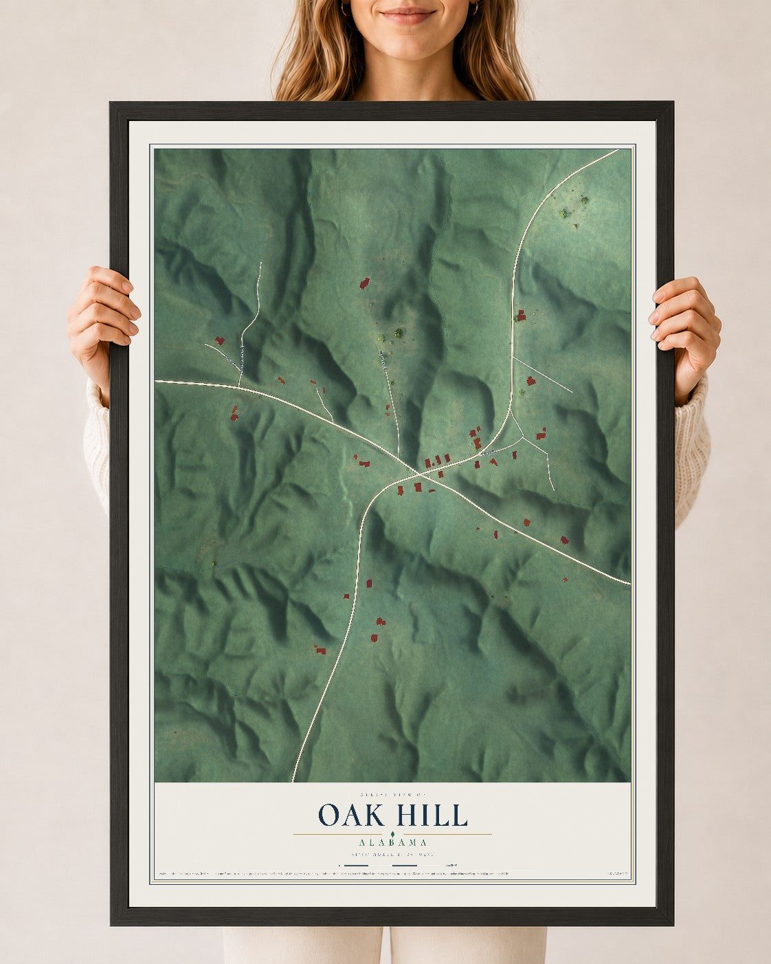 Map of Oak Hill, Alabama, 24 x 36 inch print in a black wood frame